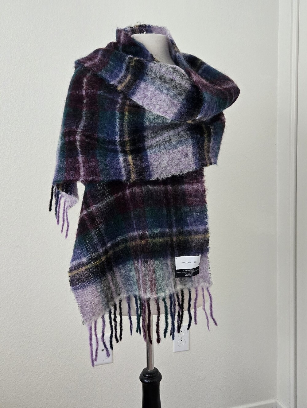 Holzweiler Lambwool Fringed Checked Alpaca Mohair Blend Scarf Shawl 72"×18"